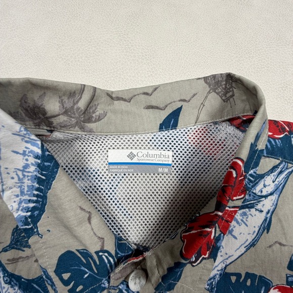 Columbia PFG Mens Medium Marlin Mahi Hibiscus Tropical Fishing Shirt Blue Red - Picture 6 of 8